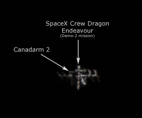 SpaceX Crew Dragon Endeavour docked to the International Space Station (Demo-2 mission) animation (1st imaging session)
